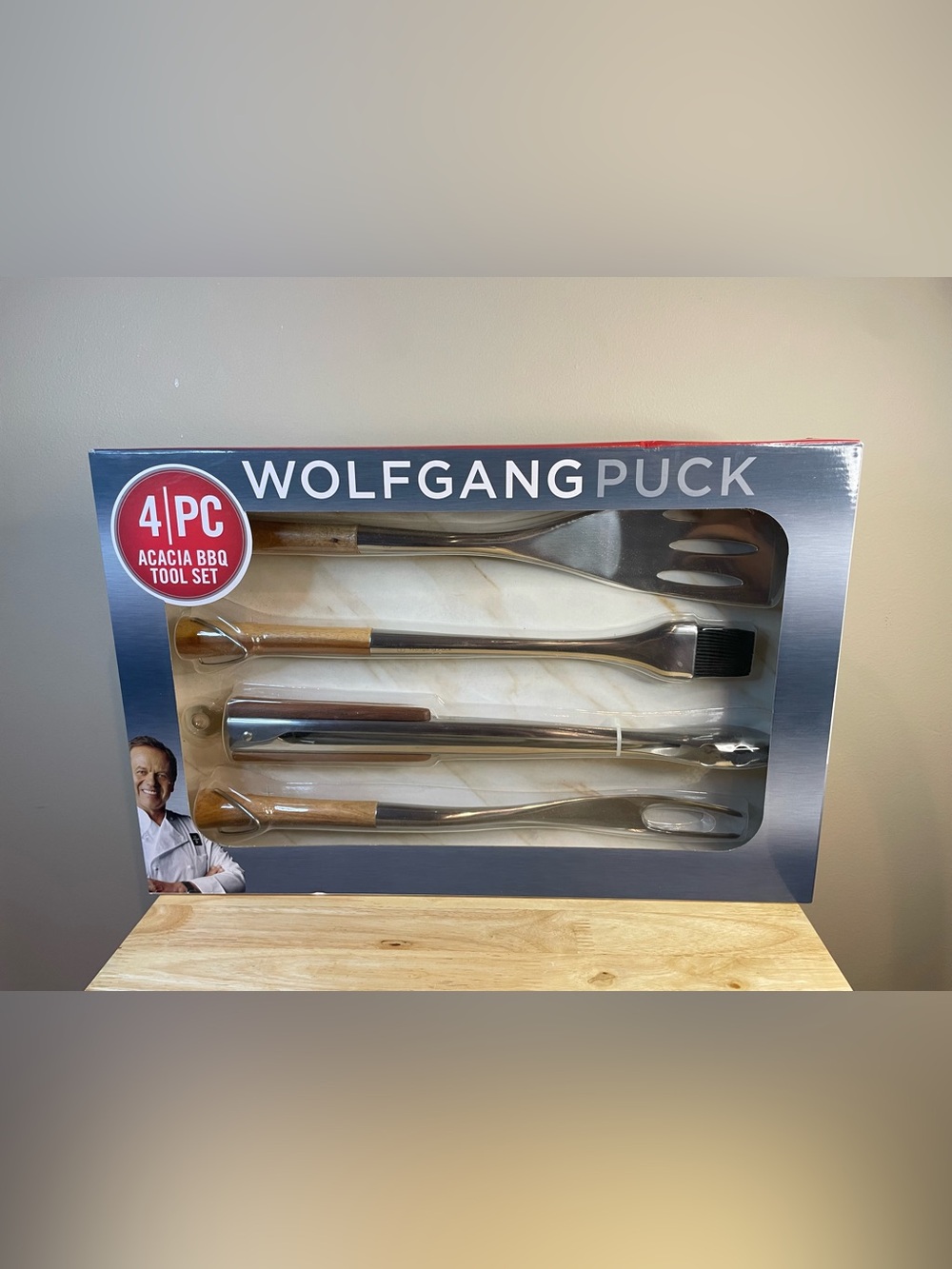 Wolfgang Puck 4 Pc Acacia BBQ Tool Set Stainless Steel Grill Utensils NIB
